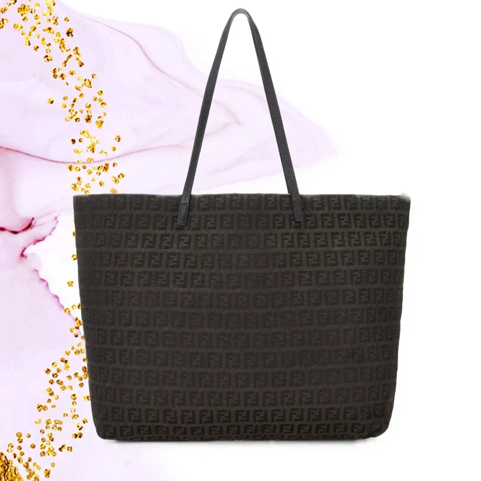 Authentic FENDI Dark Brown Black Zucchino Canvas Tote Shoulder Bag